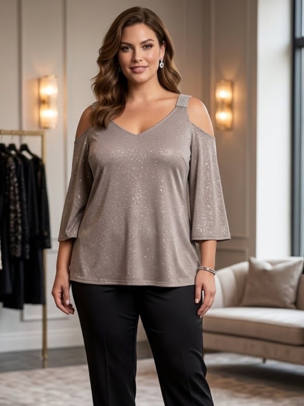 Sparkle Cold-Shoulder V-Neck Women's Top - Blush S. Levine Sz Large EUC - Picture 3 of 11